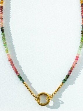Watermelon Tourmaline Necklace Gemstone Beaded Necklace Gold Charm Clasp PRETTY